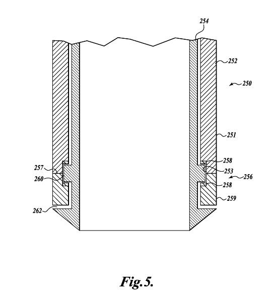 Patent diagram of the inner and outer pile and shoe. Note the flange which connects the inner and outer pile. It pulls the outer pile down behind the shoe as the inner pile is driven.